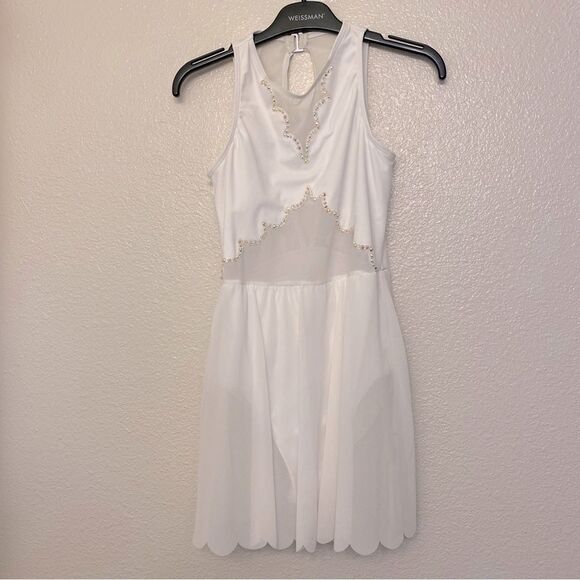 WEISSMAN solo custom Dance white Costume rhinestoned Scallop Hem Dress D10958 LC - Picture 3 of 15